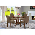 Set pranzo rotondo da 5 pezzi - Tavolo da cucina e sedie - Set da pranzo moderno - Tessuto in lino color caffè - Design elegante