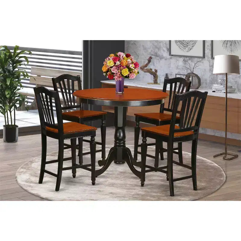 Set da pub a altezza bancone - 5 pezzi tavolo e sedie - Set da pranzo per cucina - Tavolo rotondo da 42 pollici - Finitura ciliegio nero