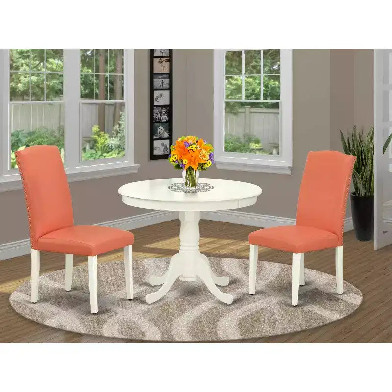 Set tavolo da pranzo rotondo - Tavolo da 36 pollici e 2 sedie - Rosa fenicottero e bianco lino