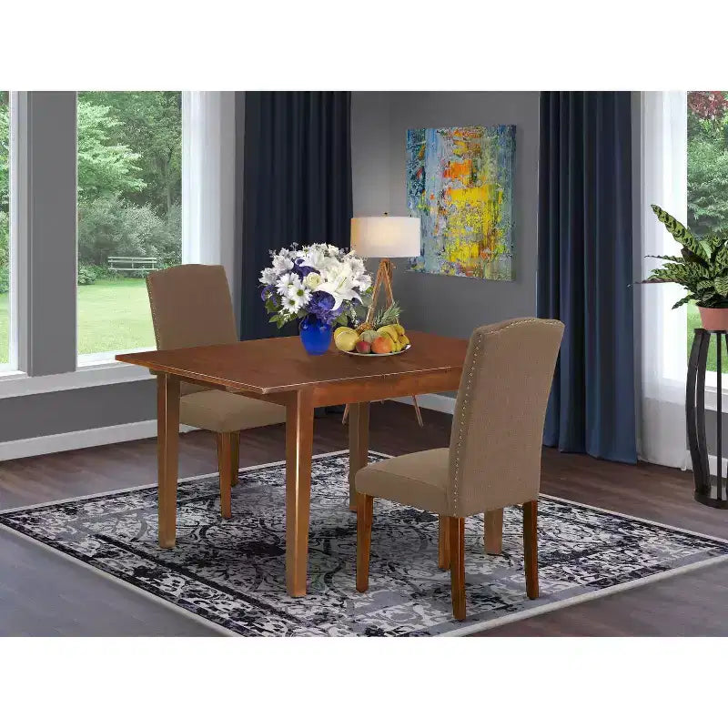 Set da pranzo rettangolare - Tavolo 3 pezzi e 2 sedie Parsons - Tessuto di lino color caffè scuro - da 42 a 53,5