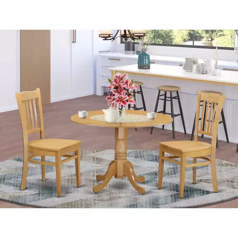 HomeStock Set da Pranzo 3 Pezzi con Tavolo Rotondo e 2 Sedie, Top in Legno Massello di Rovere Naturale