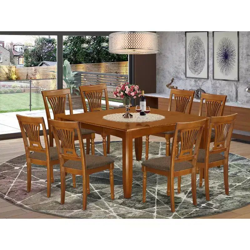 HomeStock Set da Pranzo Quadrato da 9 Pezzi con Tavolo con Piano in Legno Massello e Finitura Marrone Sella e 8 Sedie