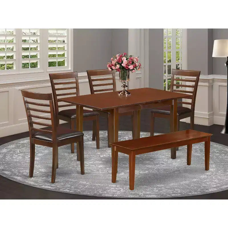 Set da pranzo vittoriano - Tavolo da pranzo 42/54 con prolunga e 4 sedie in similpelle, panca inclusa
