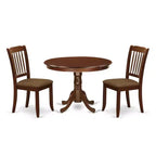 Coastal 3Pc Dinette Set - Round Kitchen Table & 2 Linen Dining Chairs - Mahogany Finish