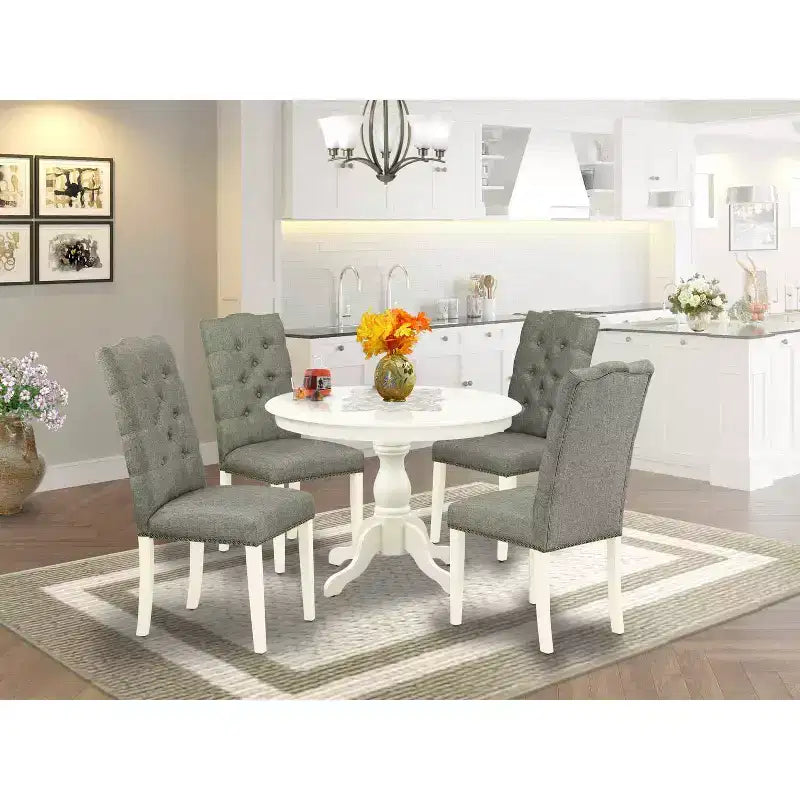 Tavolo da pranzo 5 pezzi con piano in legno massello finitura lino bianco e 4 sedie con