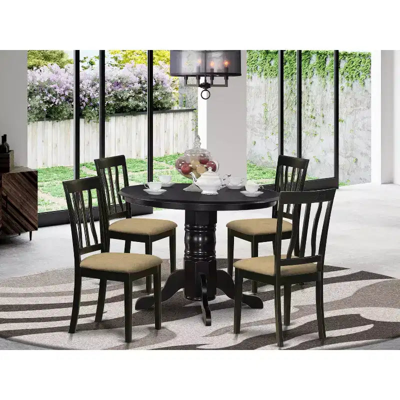 Set da pranzo 5 pezzi: tavolo e sedie - Tavolo rotondo con base centrale e sedute rivestite in lino
