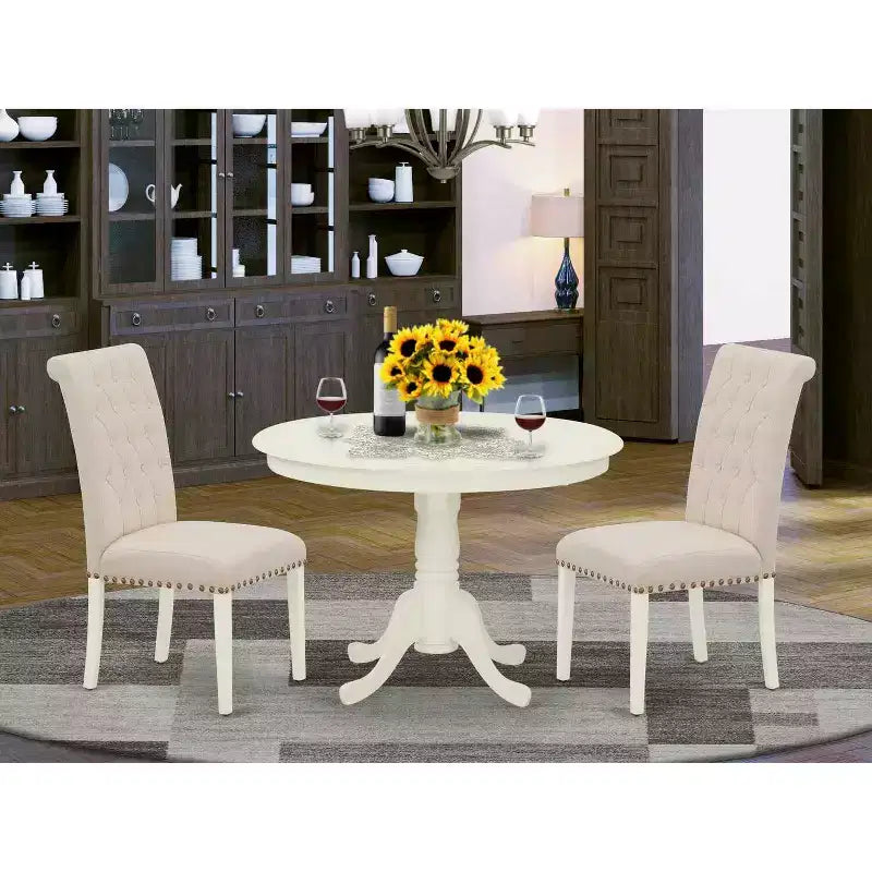 Set da pranzo 3 pezzi - Tavolo da cucina e 2 sedie Parson - Bianco lino e Beige