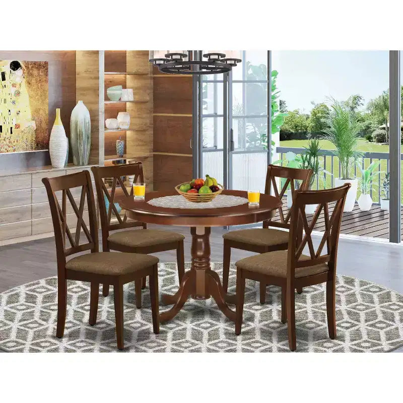 Set da pranzo HomeStock 5 pezzi, tavolo rotondo in legno massello finitura mogano con 4 sedie a crociera