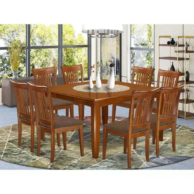 Set da pranzo di 9 pezzi Tavolo con 8 sedie - Rivestimento in lino, marrone sella, 54x54 pollici