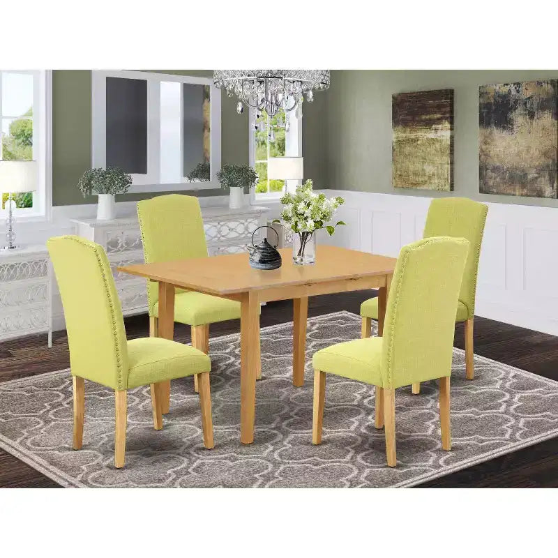 Set da pranzo Nordic 5 pz. Tavolo rettangolare e 4 sedie - Tessuto in lino e gambe in rovere - da 42 a 53.5