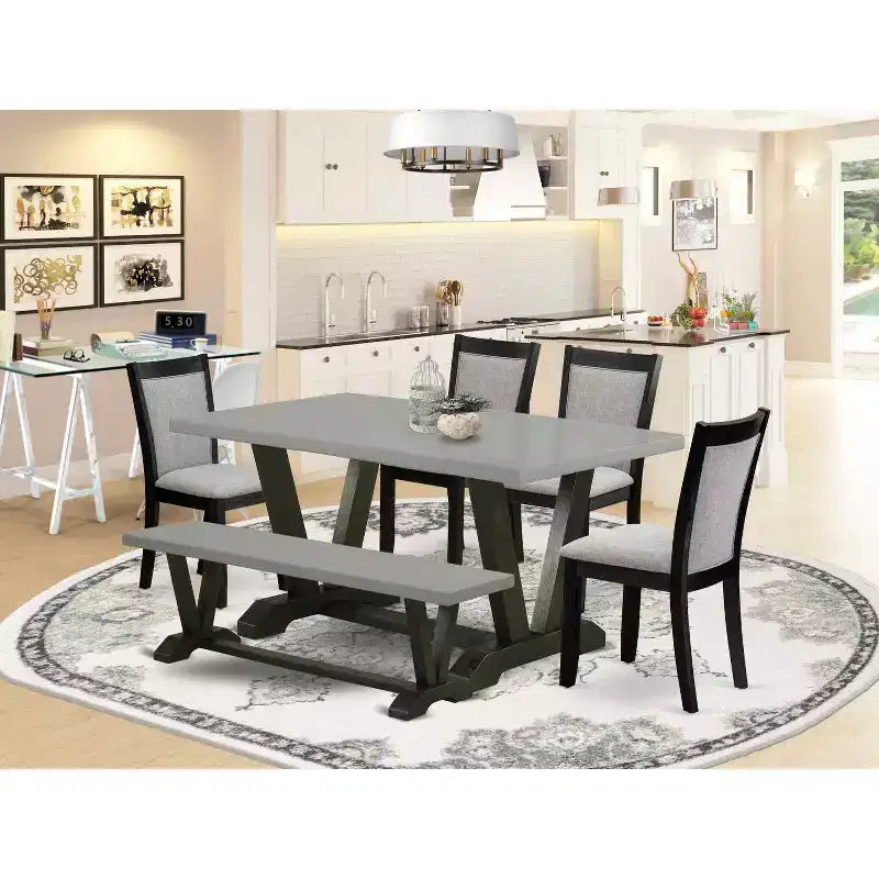 HomeStock Tavolo da Pranzo Rettangolare da 6 Pezzi in Legno Massello Finitura Rovere Naturale con 1 Panca e 4 Sedie Imbottite