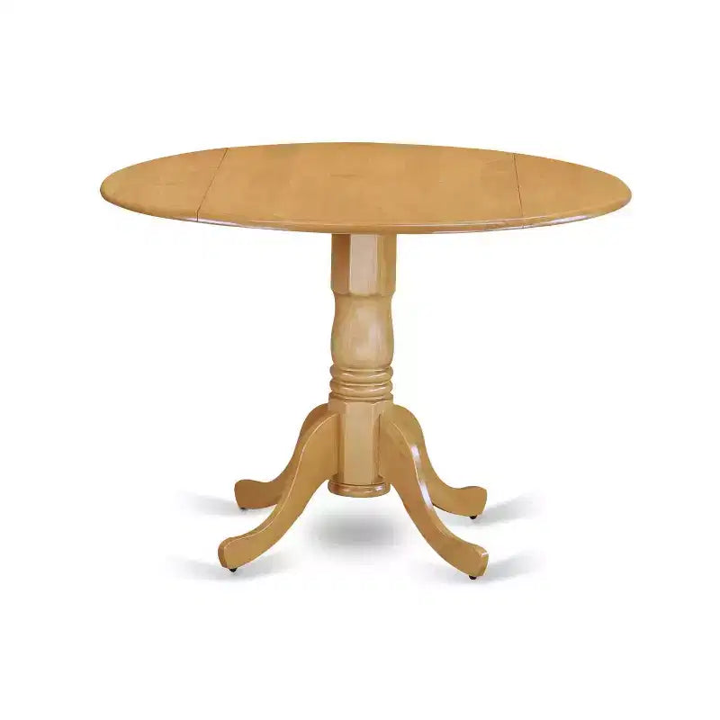 Set pranzo HomeStock da 3 pezzi, tavolo rotondo con piano in legno massello finitura rovere naturale e 2 sedie imbottite, con ante a ribalta