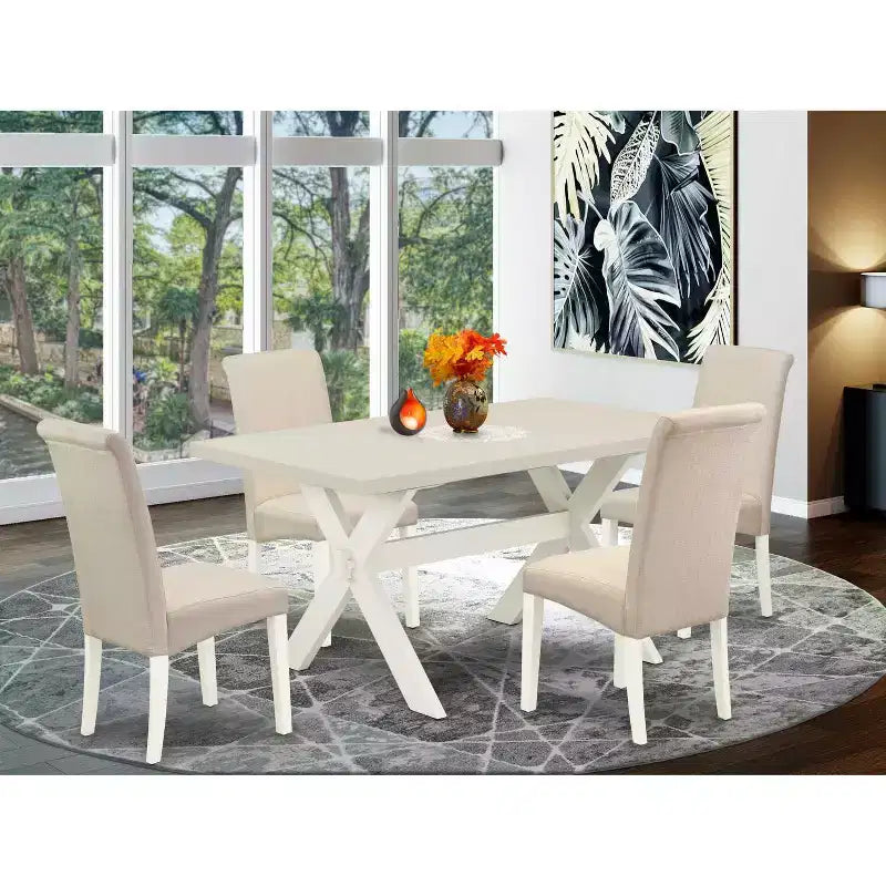 Set pranzo HomeStock da 5 pezzi con tavolo rettangolare in legno massello finitura quercia naturale e 4 sedie