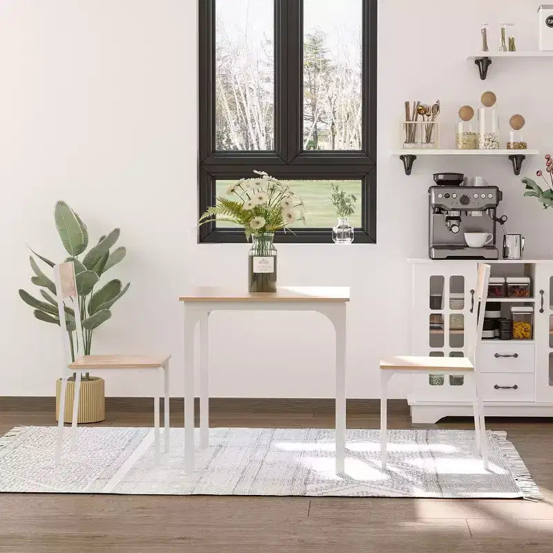 Set da pranzo in legno di 3 pezzi con tavolo quadrato, 1 tavolo e 2 sedie, e robusta struttura in metallo, ideale per piccoli spazi
