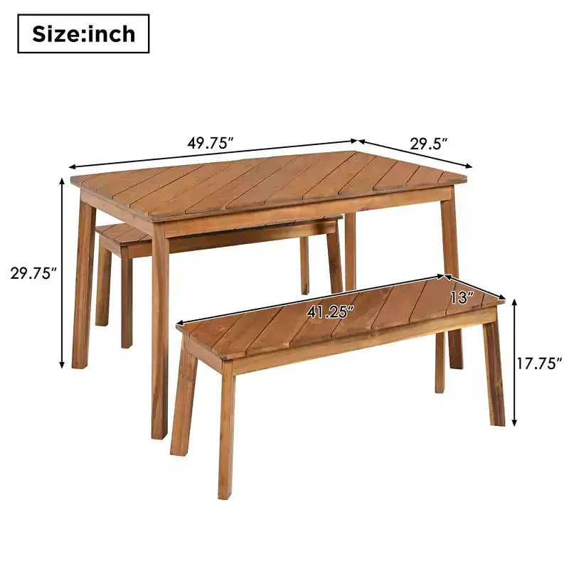 JVNOXK Set da pranzo 3 pezzi in legno di acacia con 2 panche, tavolo da picnic per birra da patio, giardino, naturale