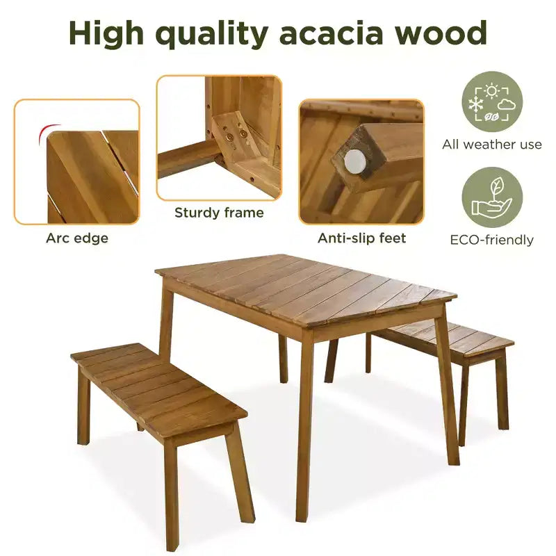 JVNOXK Set da pranzo 3 pezzi in legno di acacia con 2 panche, tavolo da picnic per birra da patio, giardino, naturale