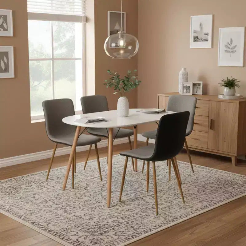 Set da pranzo moderno FurnitureR da 5 pezzi con tavolo ovale e sedie ibride in tessuto-PU, gambe effetto legno, mobili compatti per sala da pranzo e cucina per 4 persone