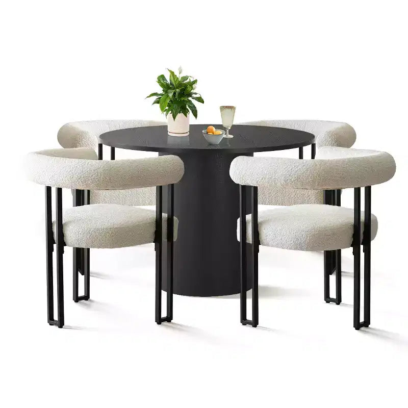 Set da pranzo moderno rotondo nero da 5 pezzi, tavolo con piedistallo e 4 sedie da pranzo imbottite in bouclé per cucina o appartamento - Panipeachy
