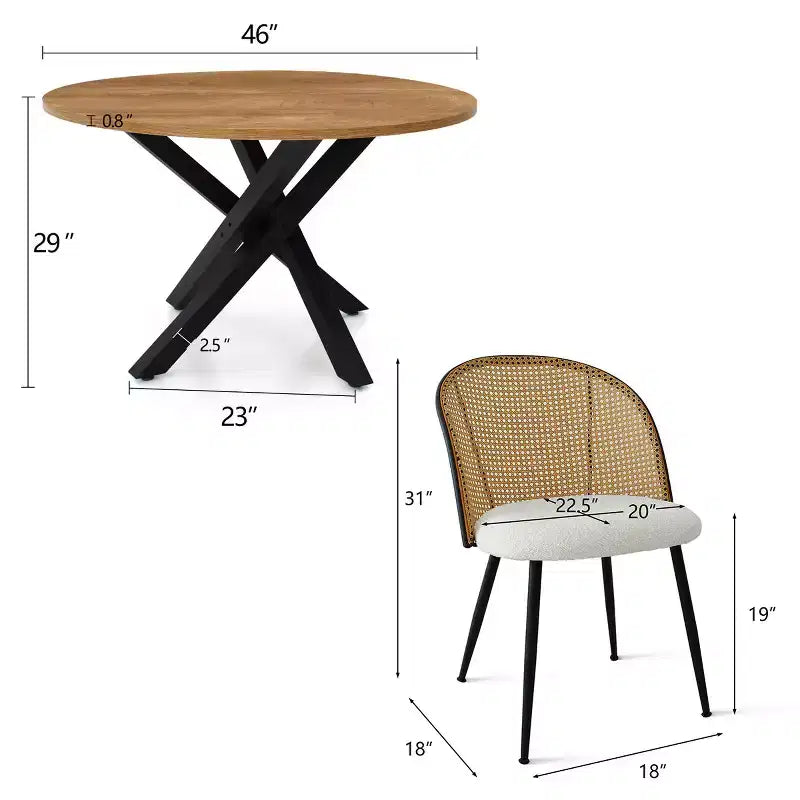 Set da tavolo da pranzo rotondo da 5 pezzi, tavolo moderno con base nera, sedie con schienale in rattan e sedute imbottite in tessuto Bouclé per piccoli spazi - Panipeachy