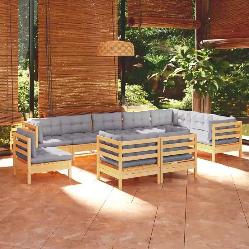 Set da giardino vidaXL 10 pz in legno massello di pino con cuscini multicolore - Marrone e Grigio