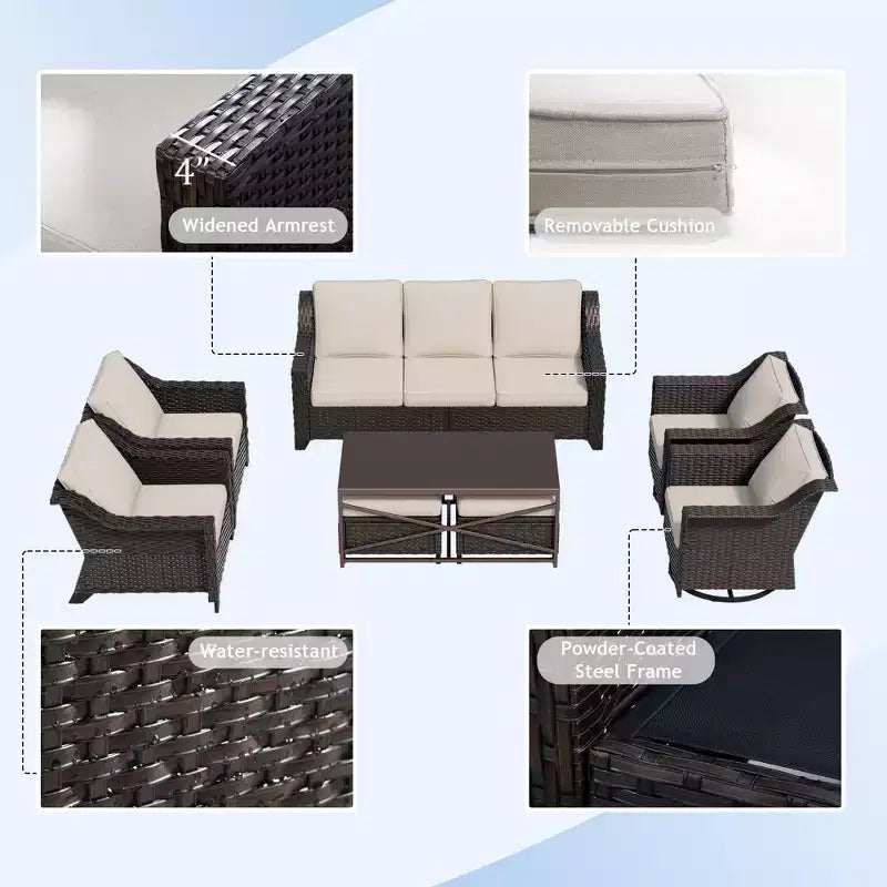Set da esterno premium UPTIOT da 8 pezzi: divano a 3 posti, 2 sedie singole, 2 sedie girevoli, 2 pouf e tavolino da caffè