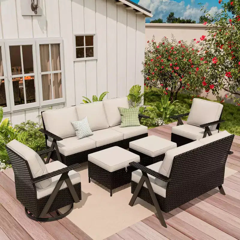 Set da esterno premium UPTIOT: divano a 3 posti, doppia chaise longue, 2 pouf e 2 poltrone dondolo girevoli per il comfort in patio