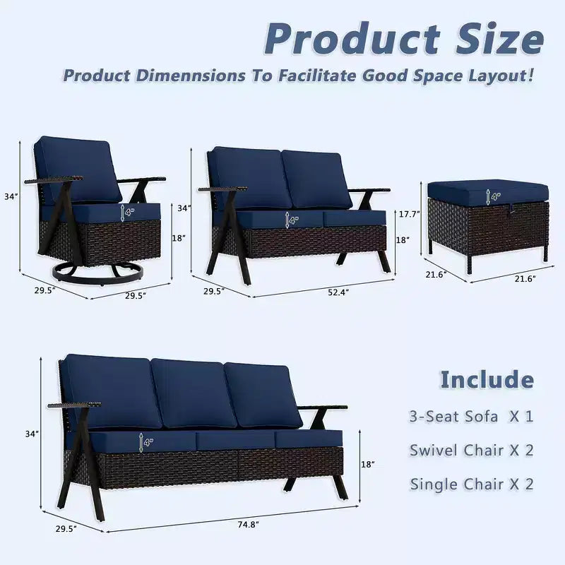 Set da esterno premium UPTIOT: divano a 3 posti, doppia chaise longue, 2 pouf e 2 poltrone dondolo girevoli per il comfort in patio