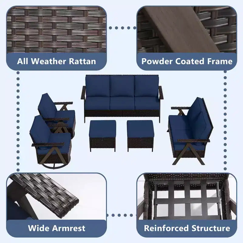 Set da esterno premium UPTIOT: divano a 3 posti, doppia chaise longue, 2 pouf e 2 poltrone dondolo girevoli per il comfort in patio