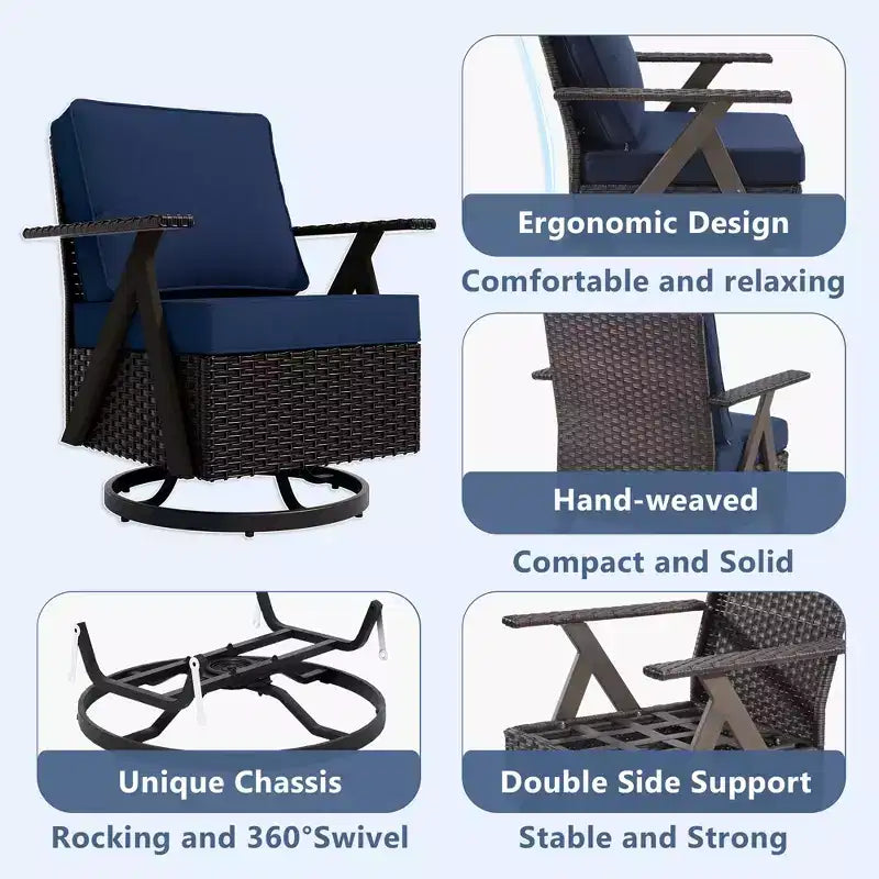 Set da esterno premium UPTIOT: divano a 3 posti, doppia chaise longue, 2 pouf e 2 poltrone dondolo girevoli per il comfort in patio