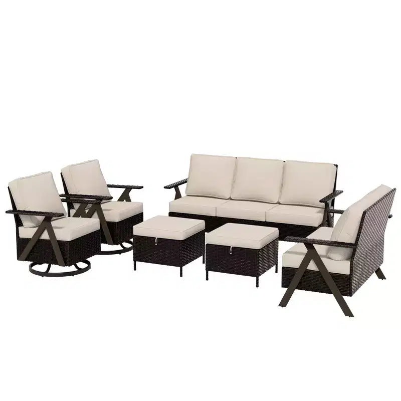 Set da esterno premium UPTIOT: divano a 3 posti, doppia chaise longue, 2 pouf e 2 poltrone dondolo girevoli per il comfort in patio