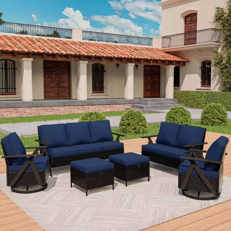 Set da esterno premium UPTIOT: divano a 3 posti, doppia chaise longue, 2 pouf e 2 poltrone dondolo girevoli per il comfort in patio