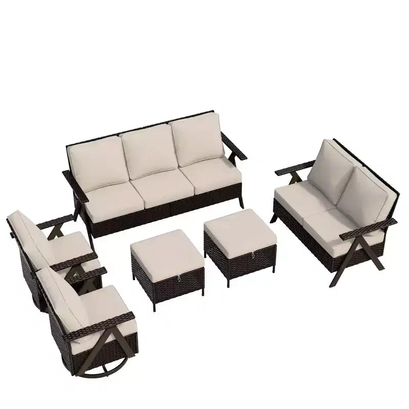 Set da esterno premium UPTIOT: divano a 3 posti, doppia chaise longue, 2 pouf e 2 poltrone dondolo girevoli per il comfort in patio