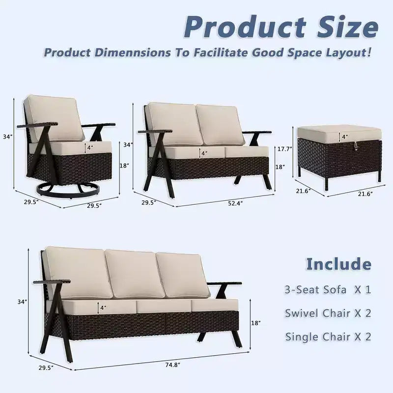 Set da esterno premium UPTIOT: divano a 3 posti, doppia chaise longue, 2 pouf e 2 poltrone dondolo girevoli per il comfort in patio