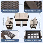 Set da esterno premium UPTIOT: divano a 3 posti, doppia chaise longue, 2 pouf e 2 poltrone dondolo girevoli per il comfort in patio