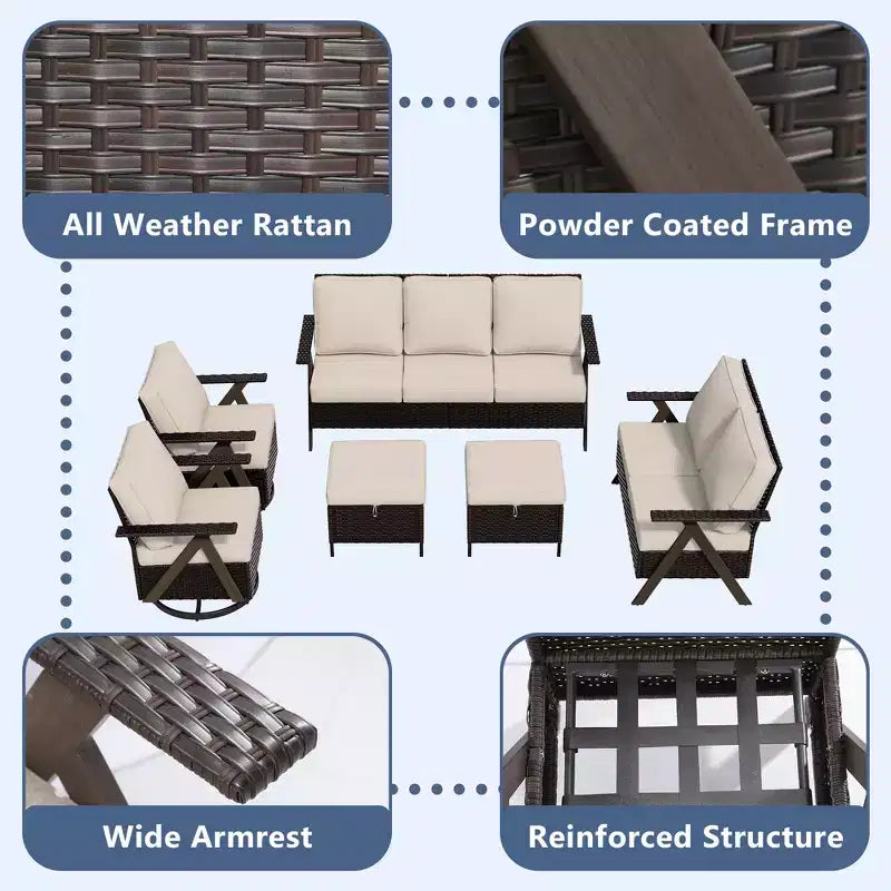 Set da esterno premium UPTIOT: divano a 3 posti, doppia chaise longue, 2 pouf e 2 poltrone dondolo girevoli per il comfort in patio