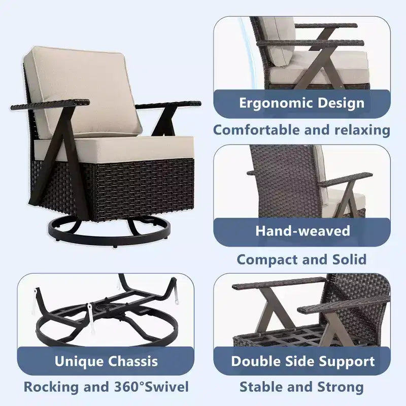 Set da esterno premium UPTIOT: divano a 3 posti, doppia chaise longue, 2 pouf e 2 poltrone dondolo girevoli per il comfort in patio