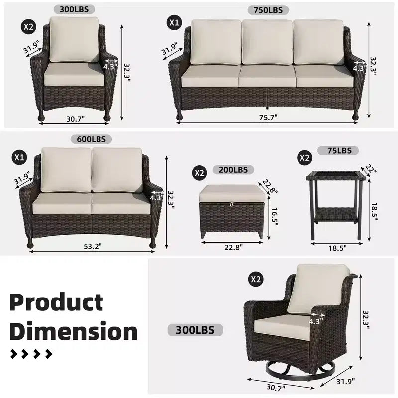 Set da esterni premium UPTIOT da 10 pezzi: divano a 3 posti, divanetto a 2 posti, 2 poltrone a dondolo girevoli, 2 sedie, 2 poggiapiedi e 2 tavolini da caffè