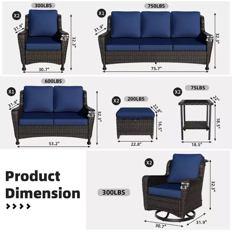 Set da esterni premium UPTIOT da 10 pezzi: divano a 3 posti, divanetto a 2 posti, 2 poltrone a dondolo girevoli, 2 sedie, 2 poggiapiedi e 2 tavolini da caffè