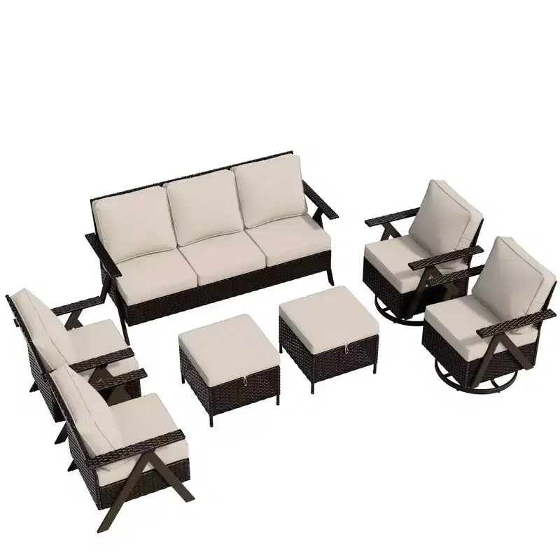Set da Esterno UPTIOT a 7 Pezzi: Divano a 3 Posti, 2 Poltrone Girevoli a Dondolo, 2 Sedie Singole e 2 Pouf per il Comfort del Patio