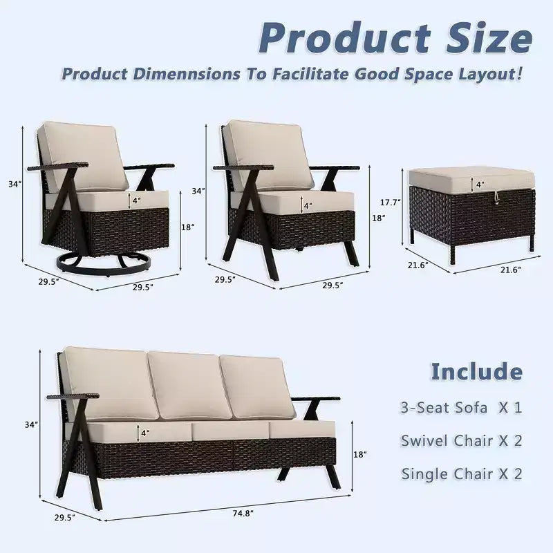 Set da Esterno UPTIOT a 7 Pezzi: Divano a 3 Posti, 2 Poltrone Girevoli a Dondolo, 2 Sedie Singole e 2 Pouf per il Comfort del Patio