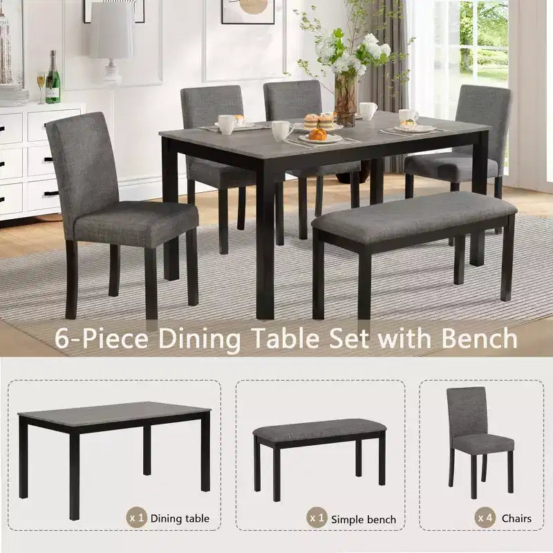 Set da pranzo da 6 pezzi Sumyeg con tavolo rettangolare, sedie e panca per sala da pranzo