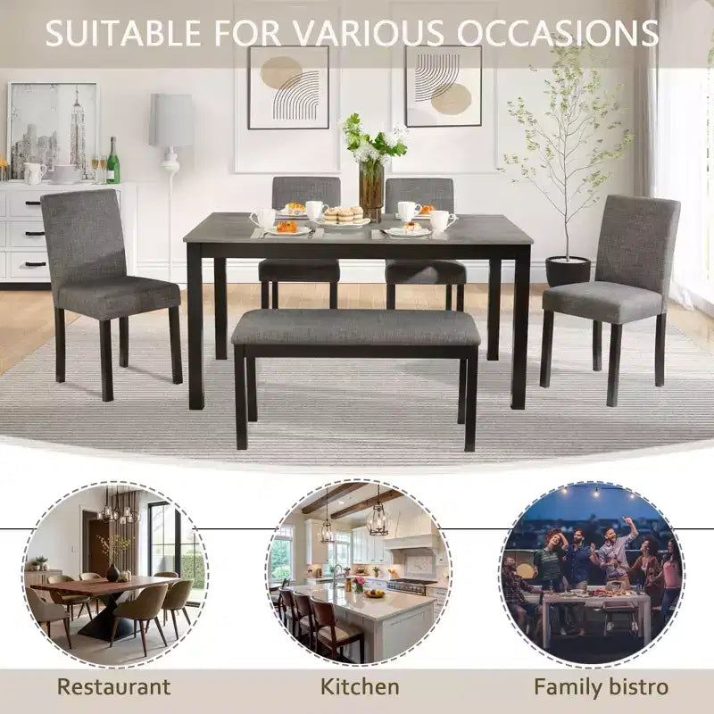 Set da pranzo da 6 pezzi Sumyeg con tavolo rettangolare, sedie e panca per sala da pranzo