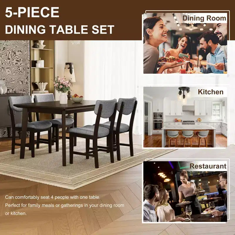 Set da pranzo 5 pezzi GDFStudio Conner in stile rustico, 1 tavolo in legno massello e 4 sedie imbottite