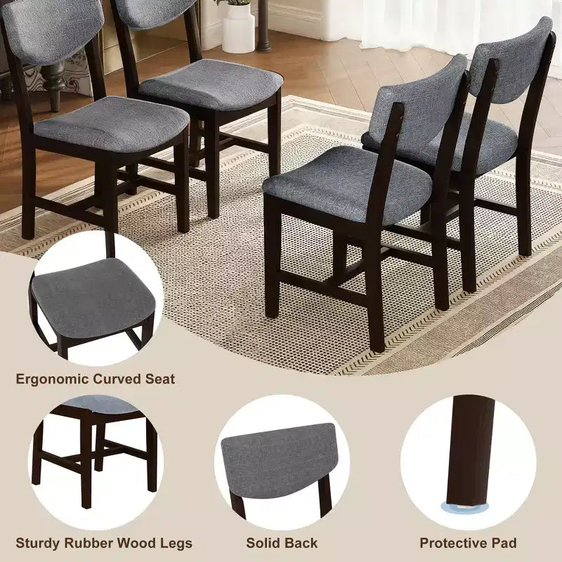 Set da pranzo 5 pezzi GDFStudio Conner in stile rustico, 1 tavolo in legno massello e 4 sedie imbottite