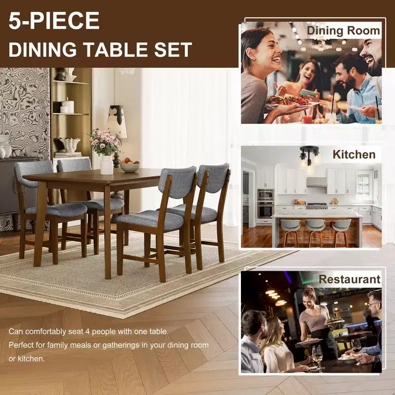 Set da pranzo 5 pezzi GDFStudio Conner in stile rustico, 1 tavolo in legno massello e 4 sedie imbottite
