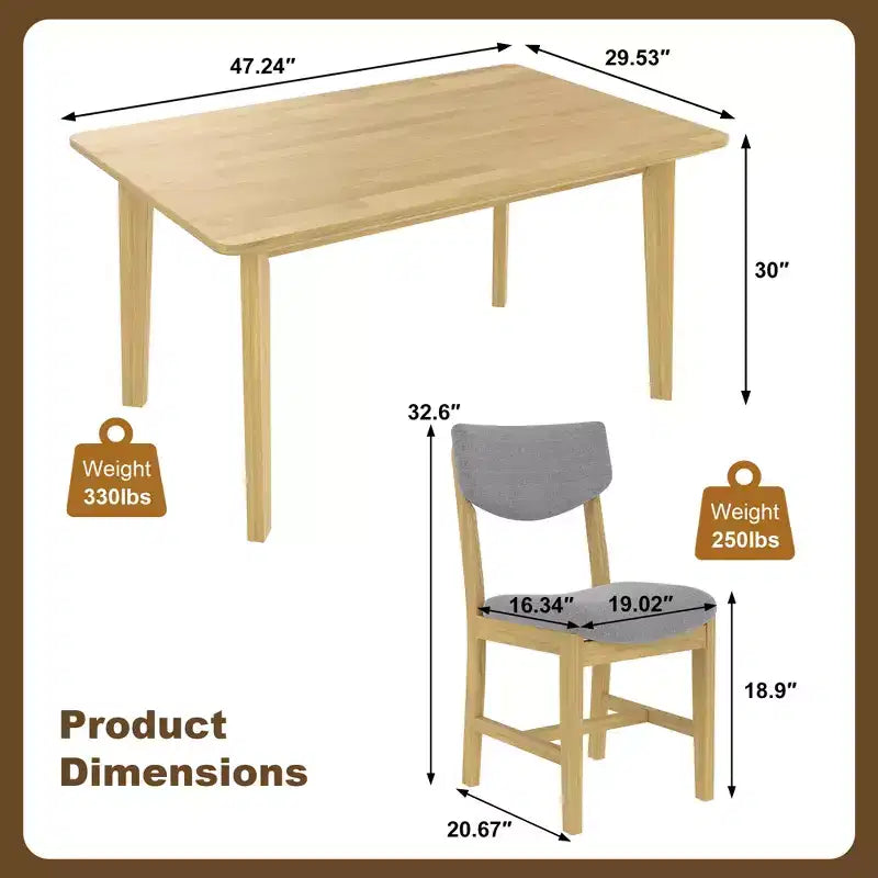 Set da pranzo 5 pezzi GDFStudio Conner in stile rustico, 1 tavolo in legno massello e 4 sedie imbottite
