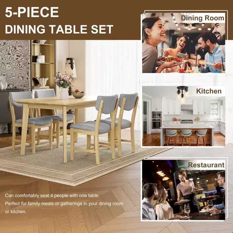 Set da pranzo 5 pezzi GDFStudio Conner in stile rustico, 1 tavolo in legno massello e 4 sedie imbottite