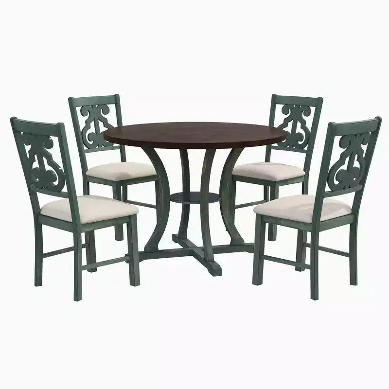 Set da pranzo da 5 pezzi con tavolo rotondo in legno e sedie con gambe dalla forma particolare e schienale traforato dal design raffinato per cucina
