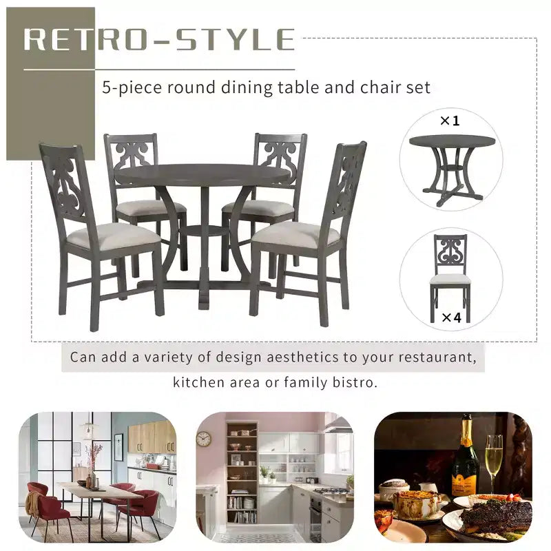 Set da pranzo da 5 pezzi con tavolo rotondo in legno e sedie con gambe dalla forma particolare e schienale traforato dal design raffinato per cucina