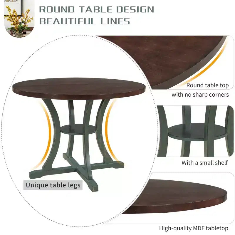 Set da pranzo da 5 pezzi con tavolo rotondo in legno e sedie con gambe dalla forma particolare e schienale traforato dal design raffinato per cucina